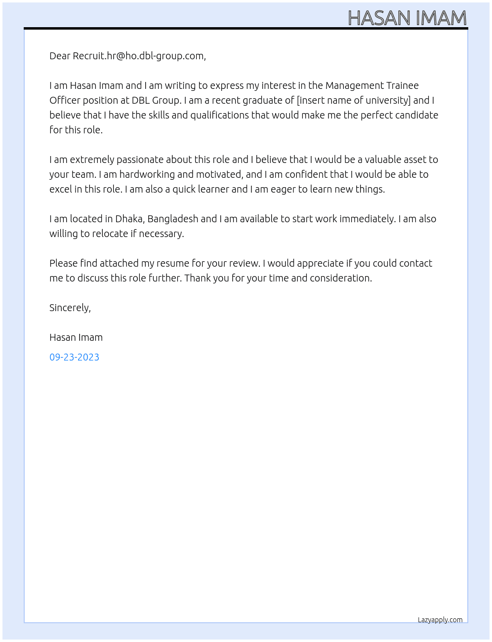 Management Trainee Officer At DBL Group Cover Letter