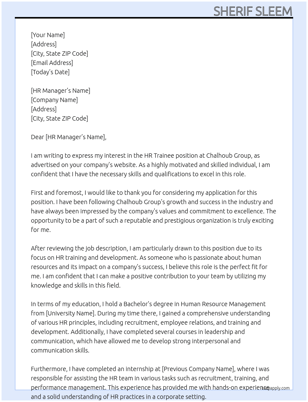 HR trainee  At Chalhoub Group Cover Letter