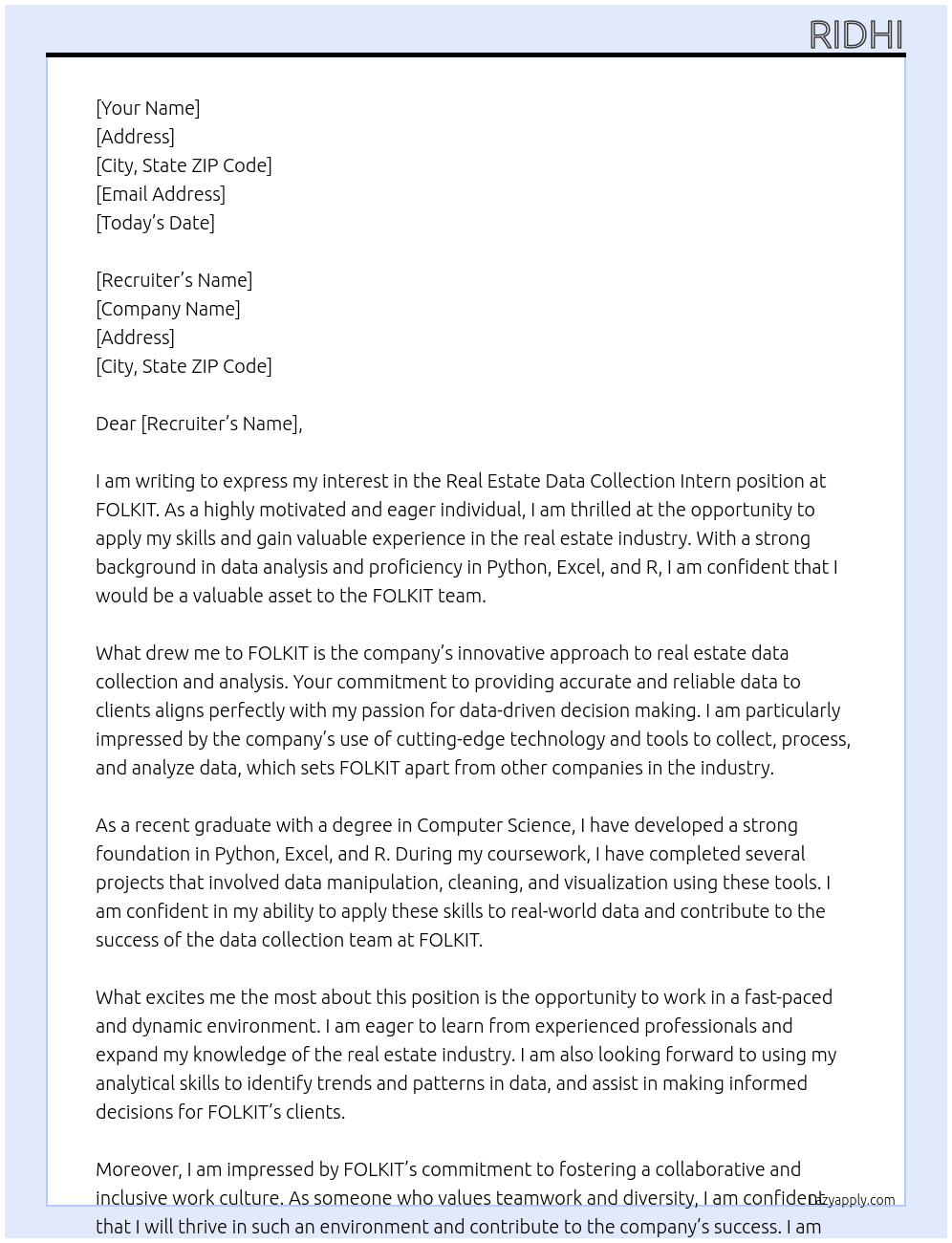 Real Estate Data Collection Intern  At FOLKIT Cover Letter