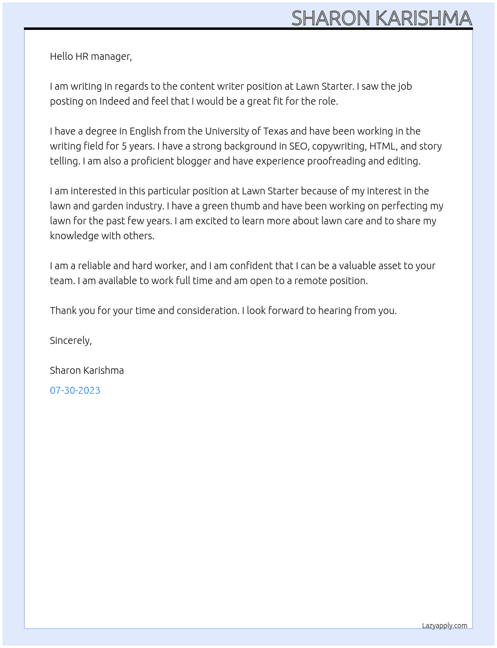 content writer At Lawn Starter Cover Letter