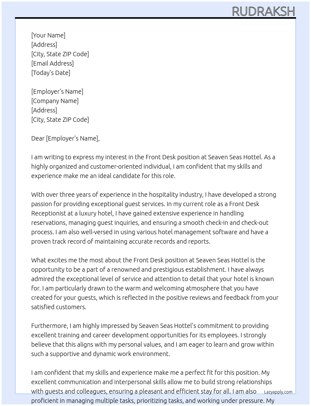 front desk  At seaven seas hottel Cover Letter