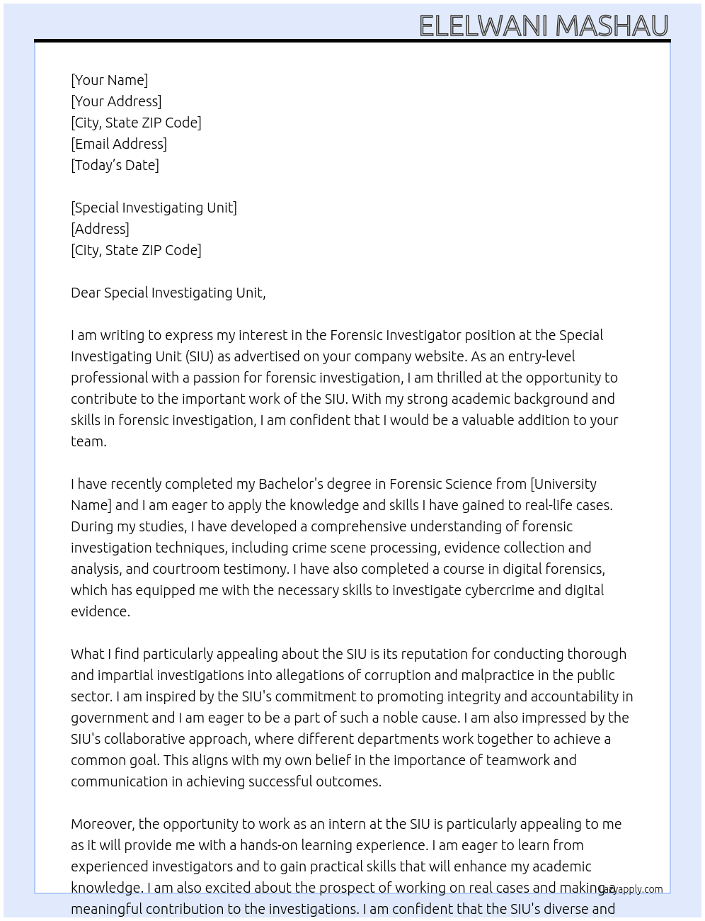 Forensic Investigator At Special investigating unit (SIU) Cover Letter