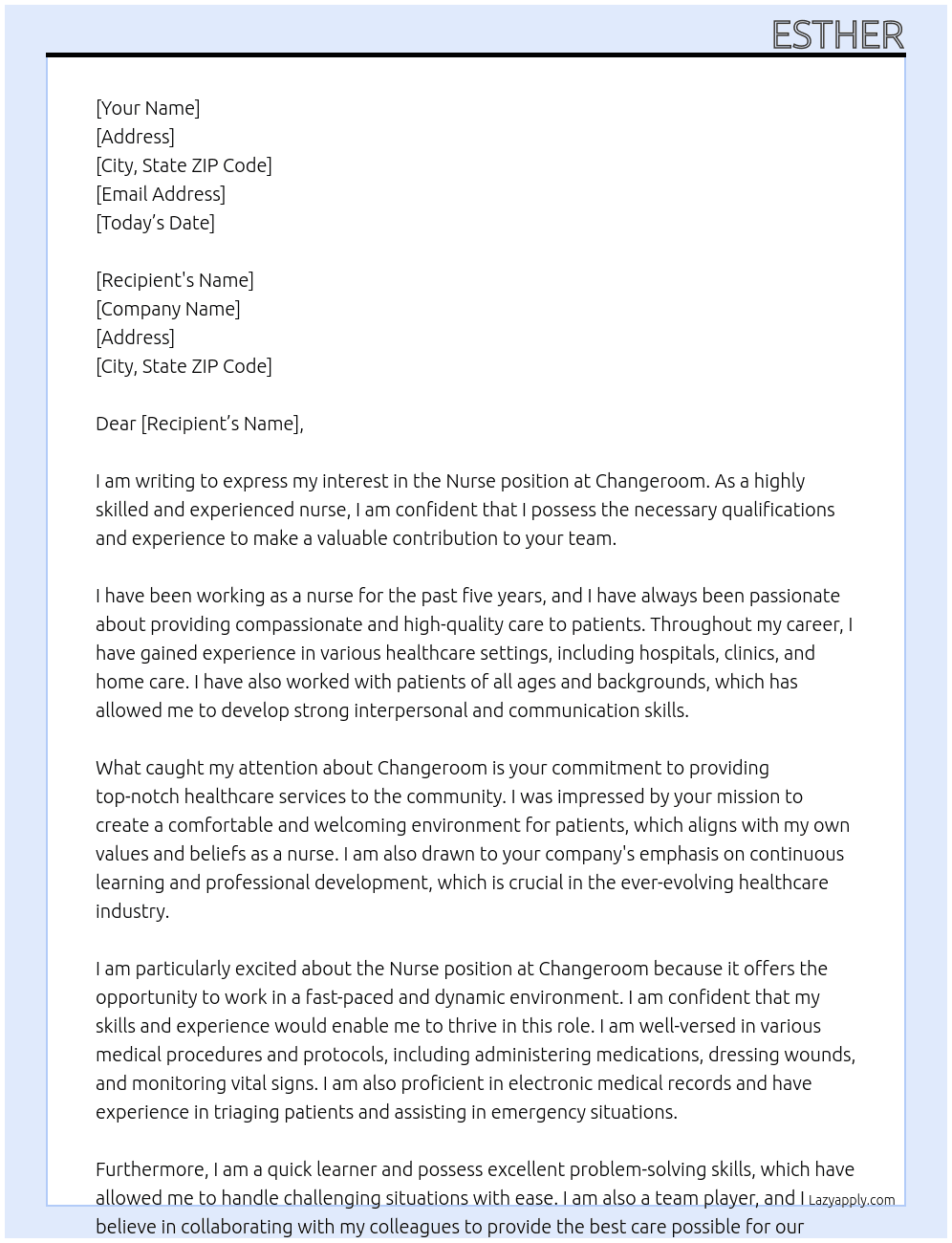 Nurse  At Changeroom Cover Letter