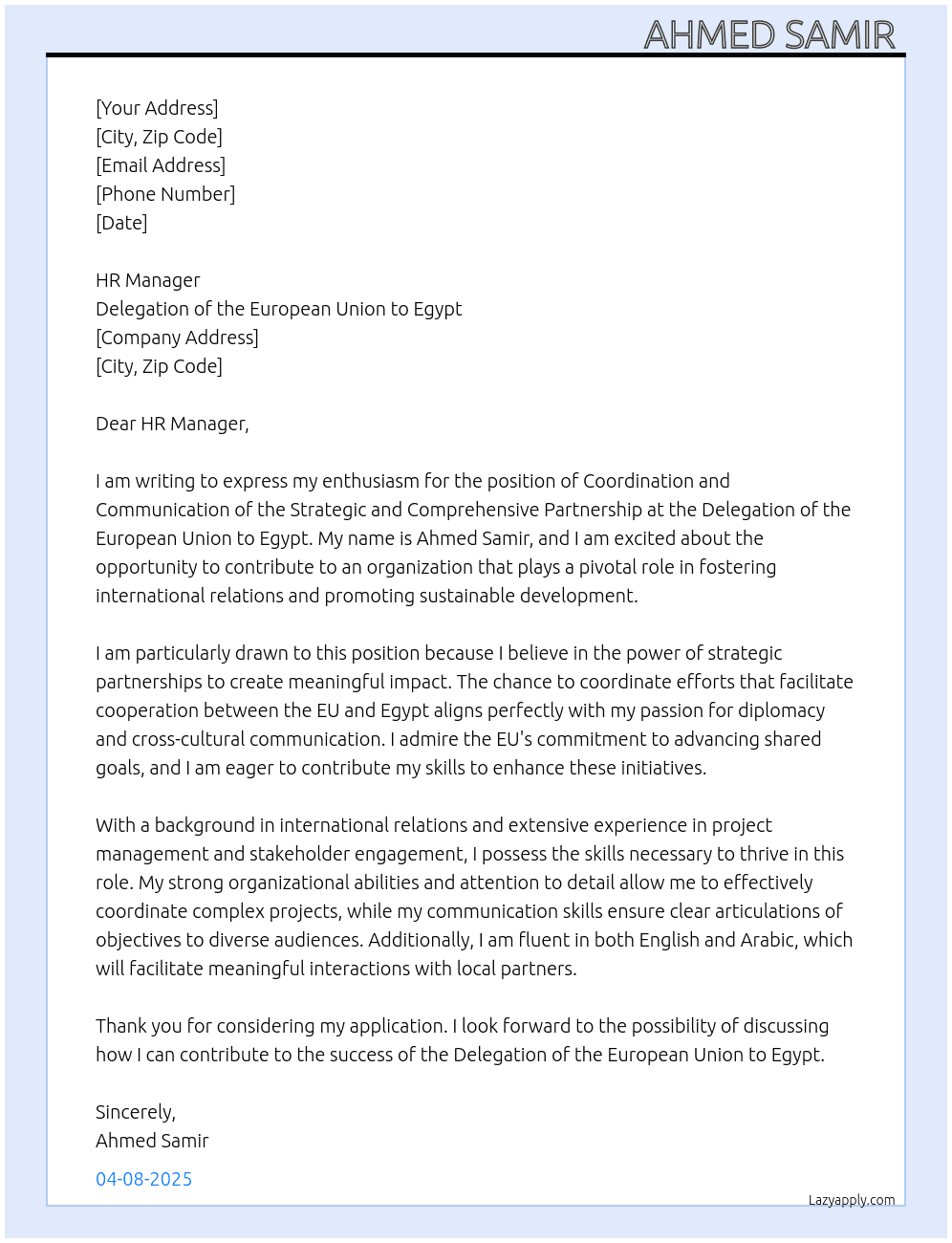 Cover letter for coordination and communication of the strategic and comprehensive partnership - LazyApply
