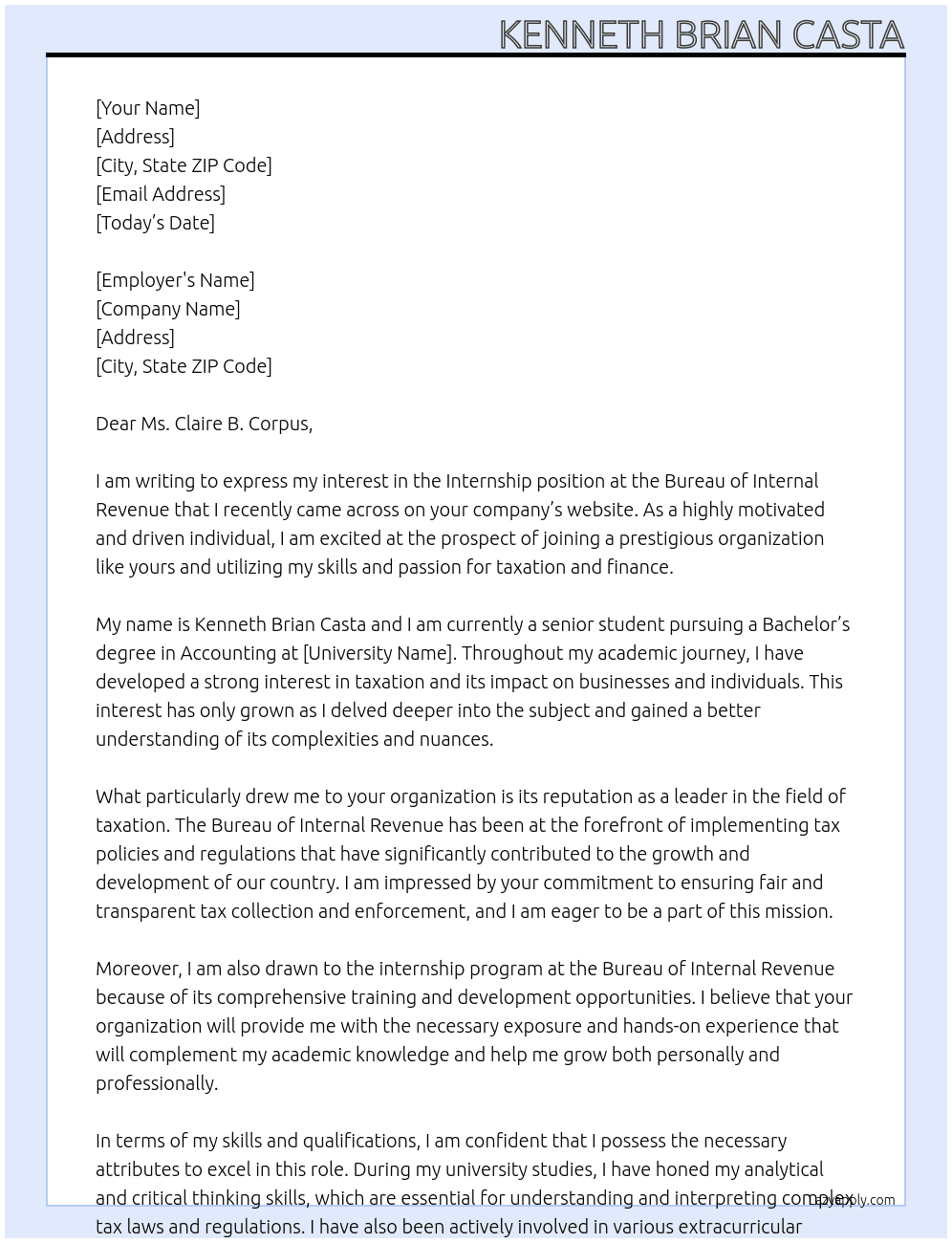 Internship  At Bureau of Internal Revenue Cover Letter