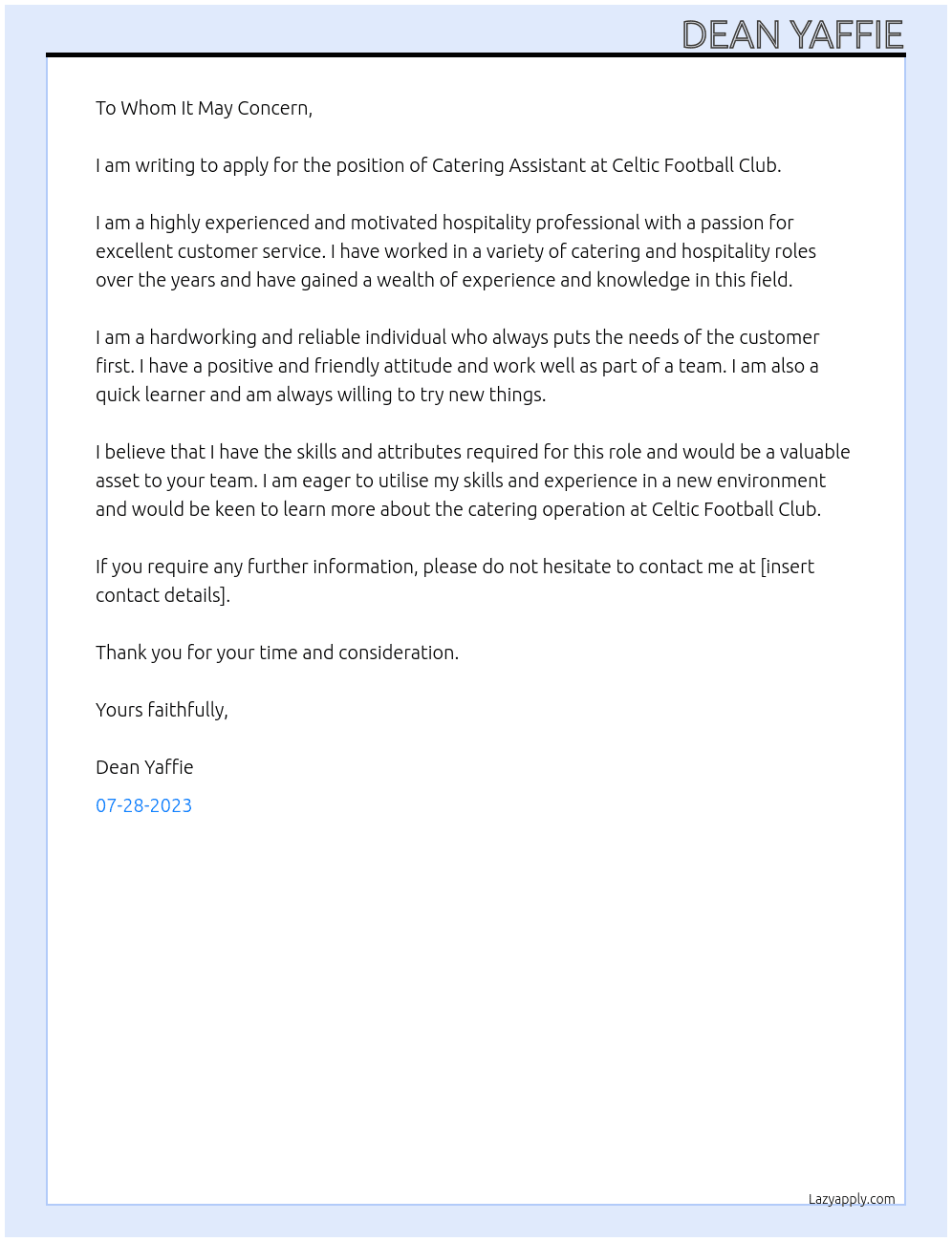 Catering Assistant At Celtic Football Club Cover Letter