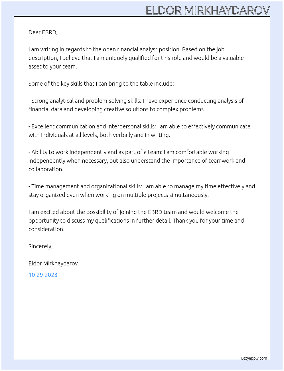 Financial analyst At EBRD Cover Letter