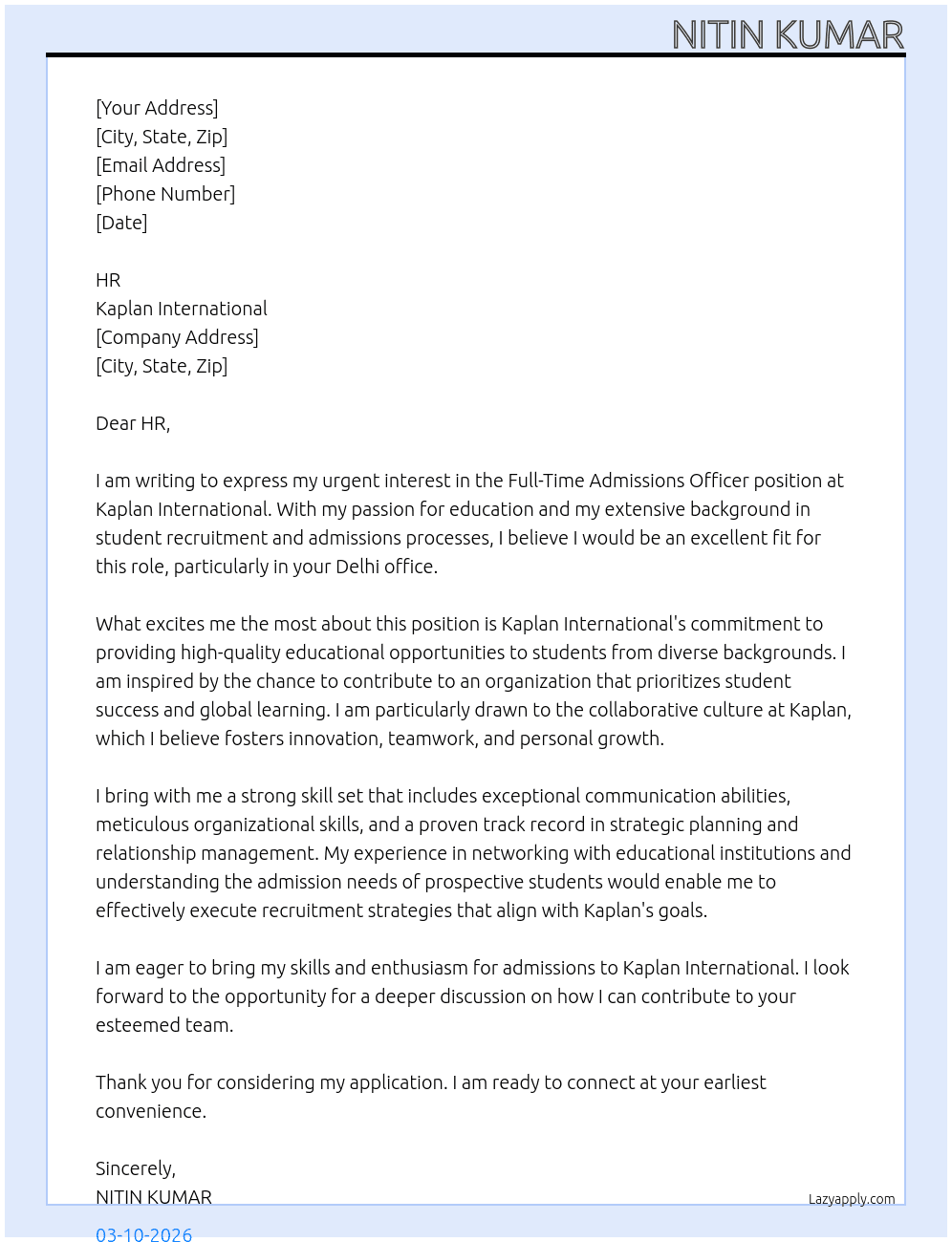 Cover letter for admissions officer - LazyApply