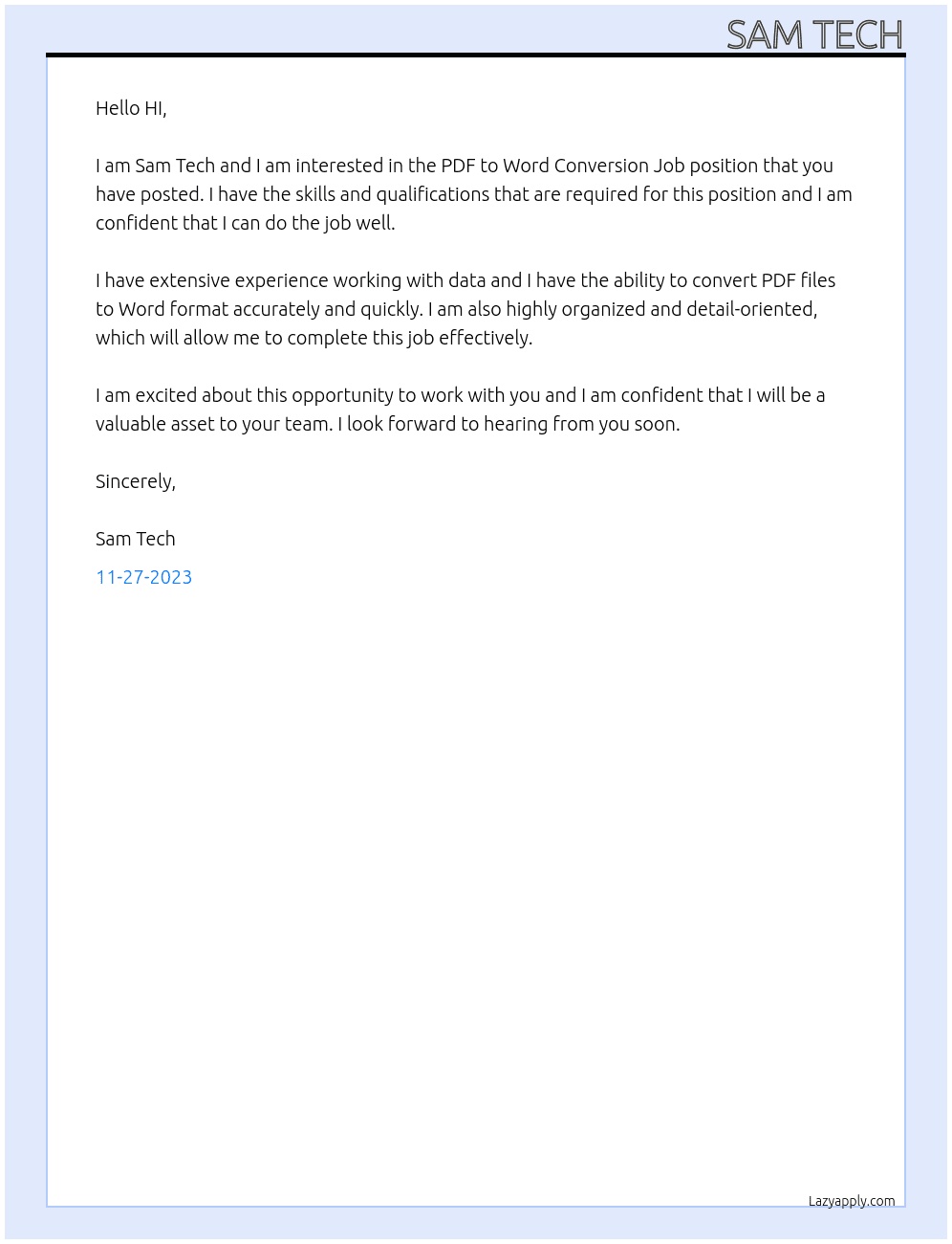 DATA At PDF to Word Convertion Job Cover Letter