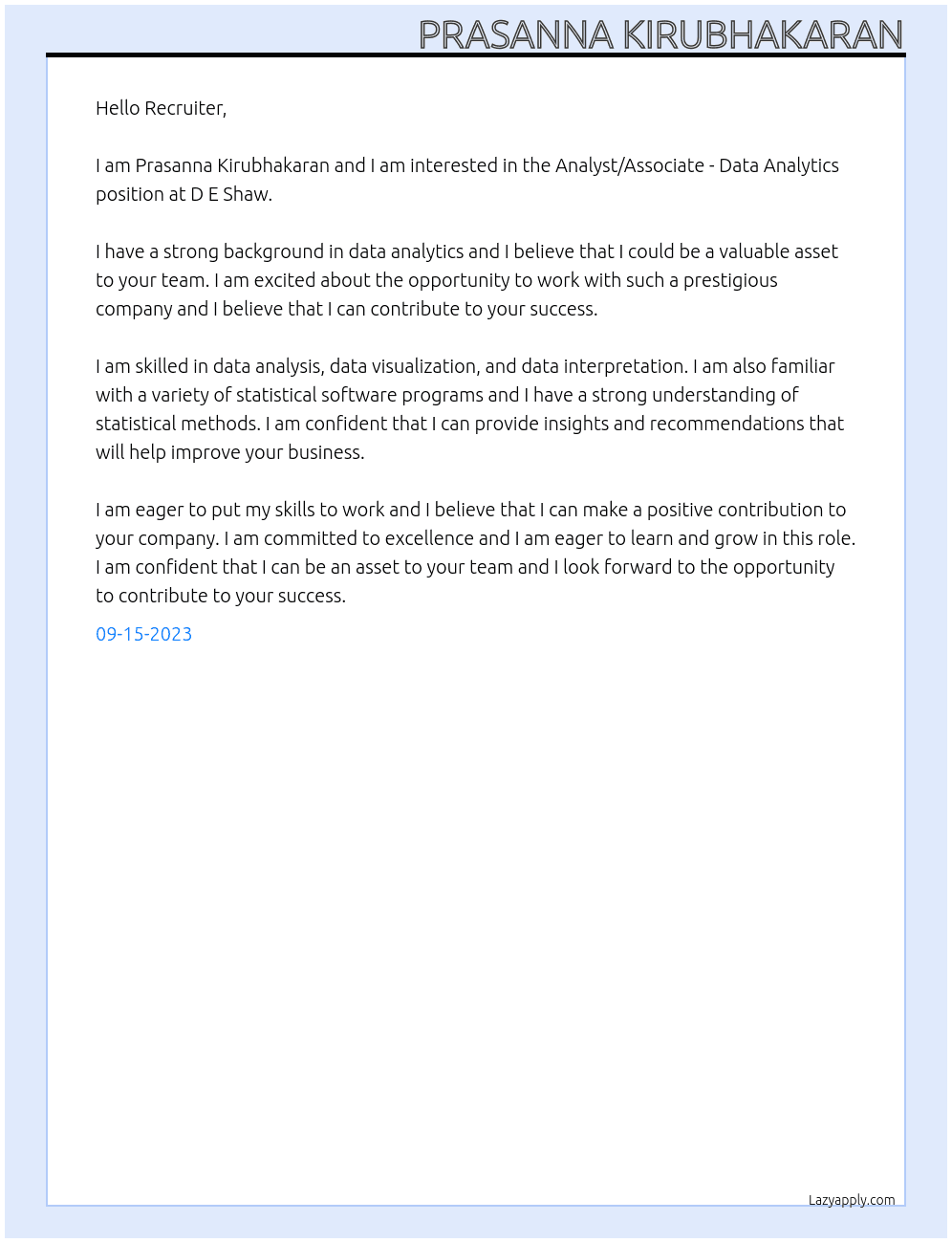 Analyst/Associate - Data Analytics At D E Shaw Cover Letter