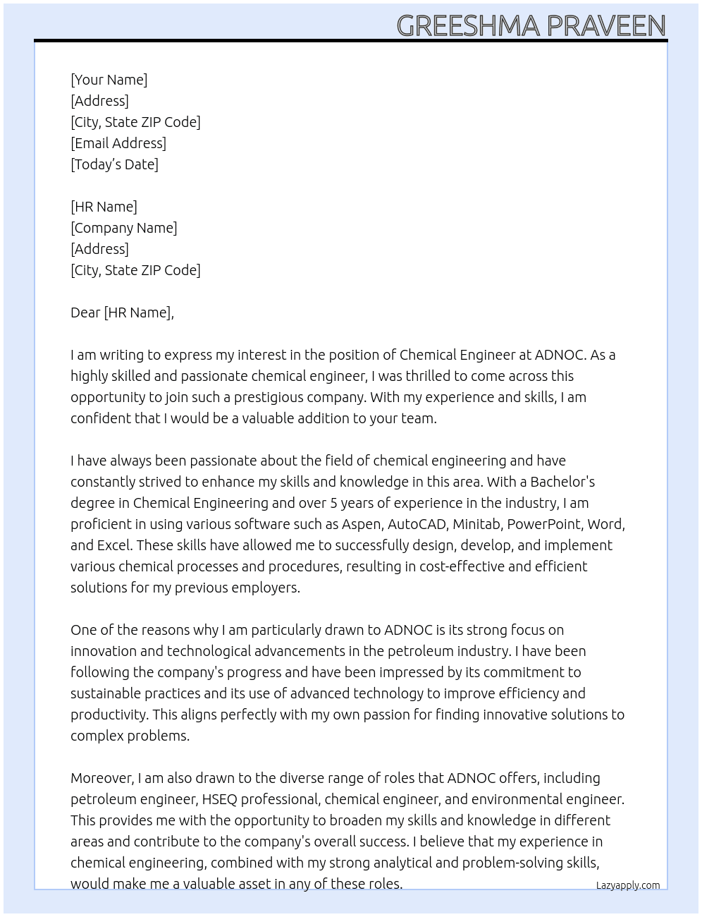 chemical Engineer  At ADNOC Cover Letter