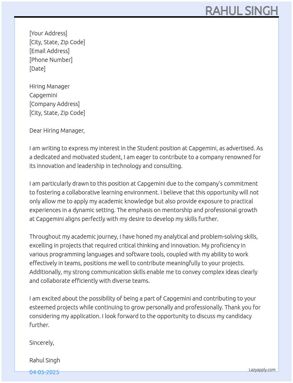 Student At Capgemini Cover Letter