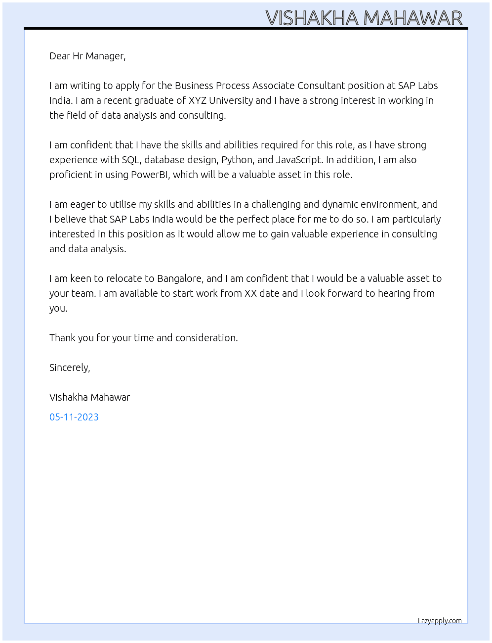 Business Process Associate Consultant At SAP Labs India Cover Letter