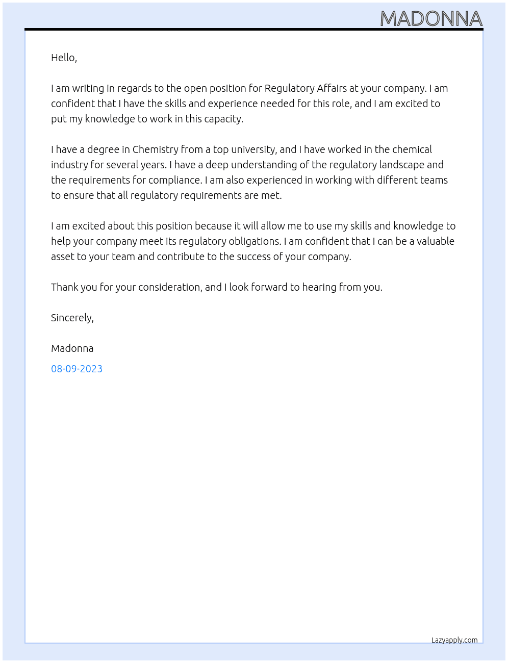 regulatory affairs  At chemical  Cover Letter