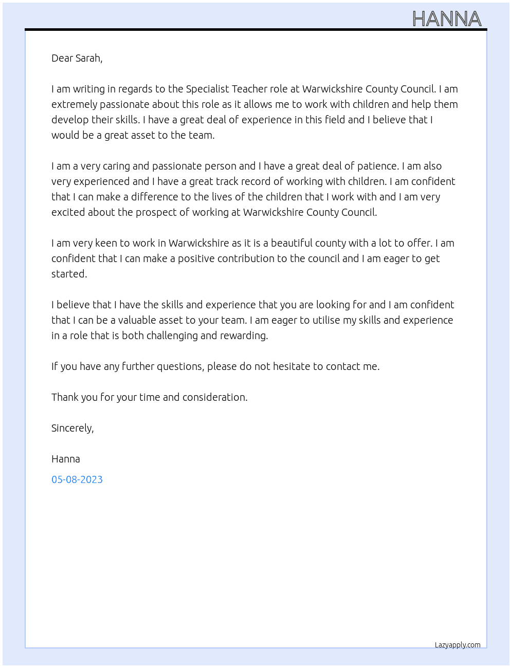 Specialist teacher  At Warwickshire county council Cover Letter