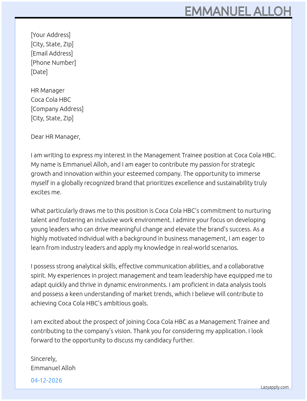 Management Trainee At Coca Cola HBC Cover Letter