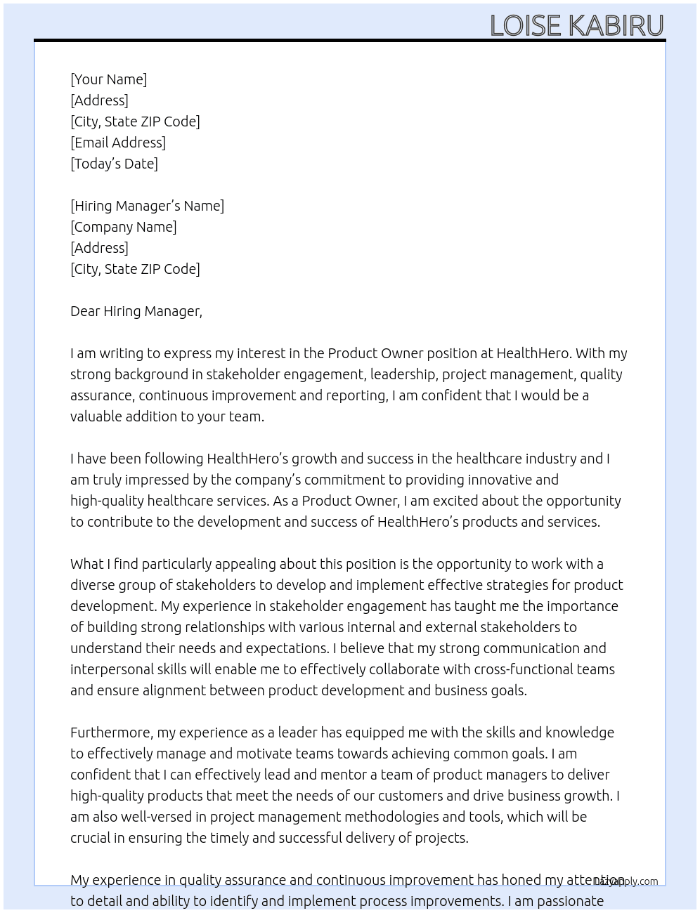 Product Owner At HealthHero Cover Letter