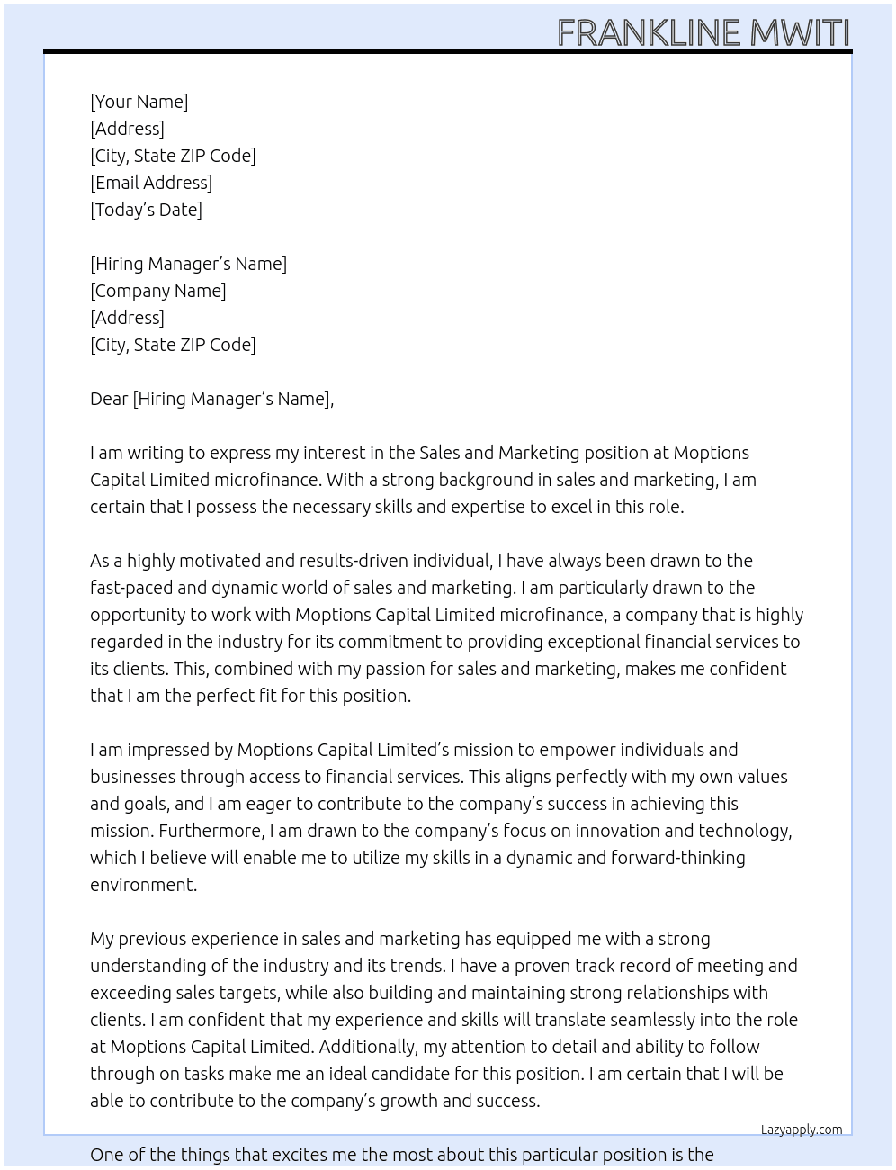 sales and marketing At Moptions Capital Limited microfinance Cover Letter