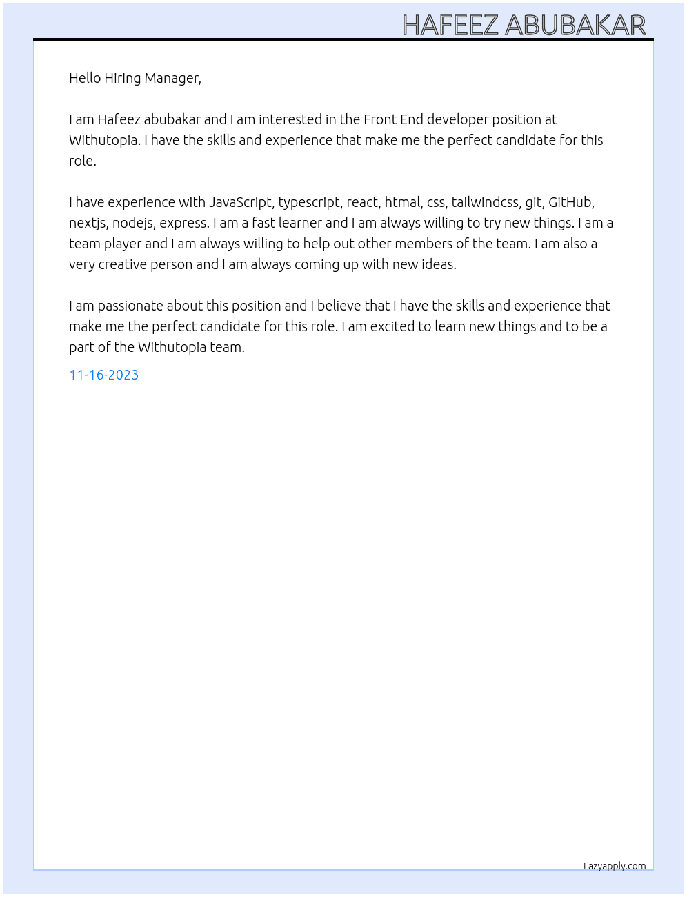 Front End developer  At Withutopia Cover Letter