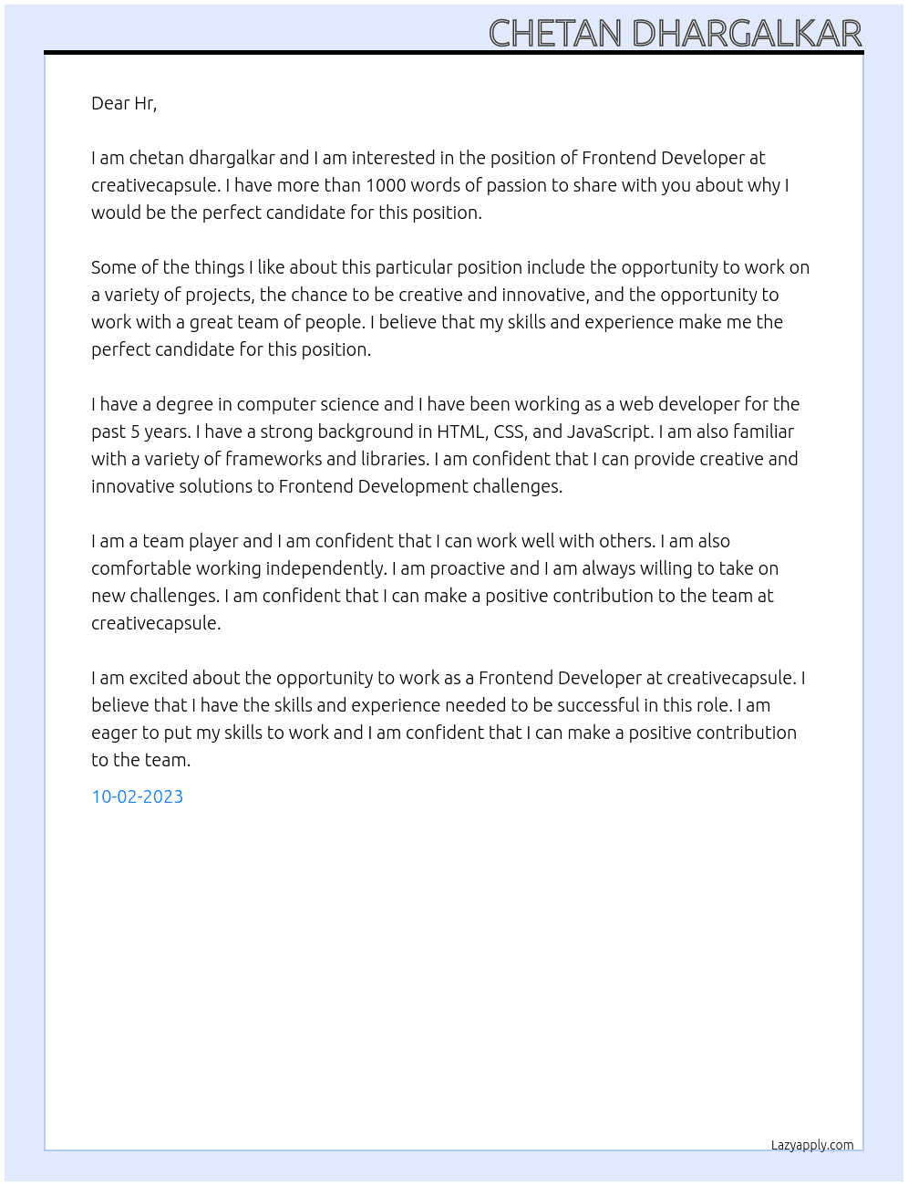 Frontend Developer At creativecapsule Cover Letter
