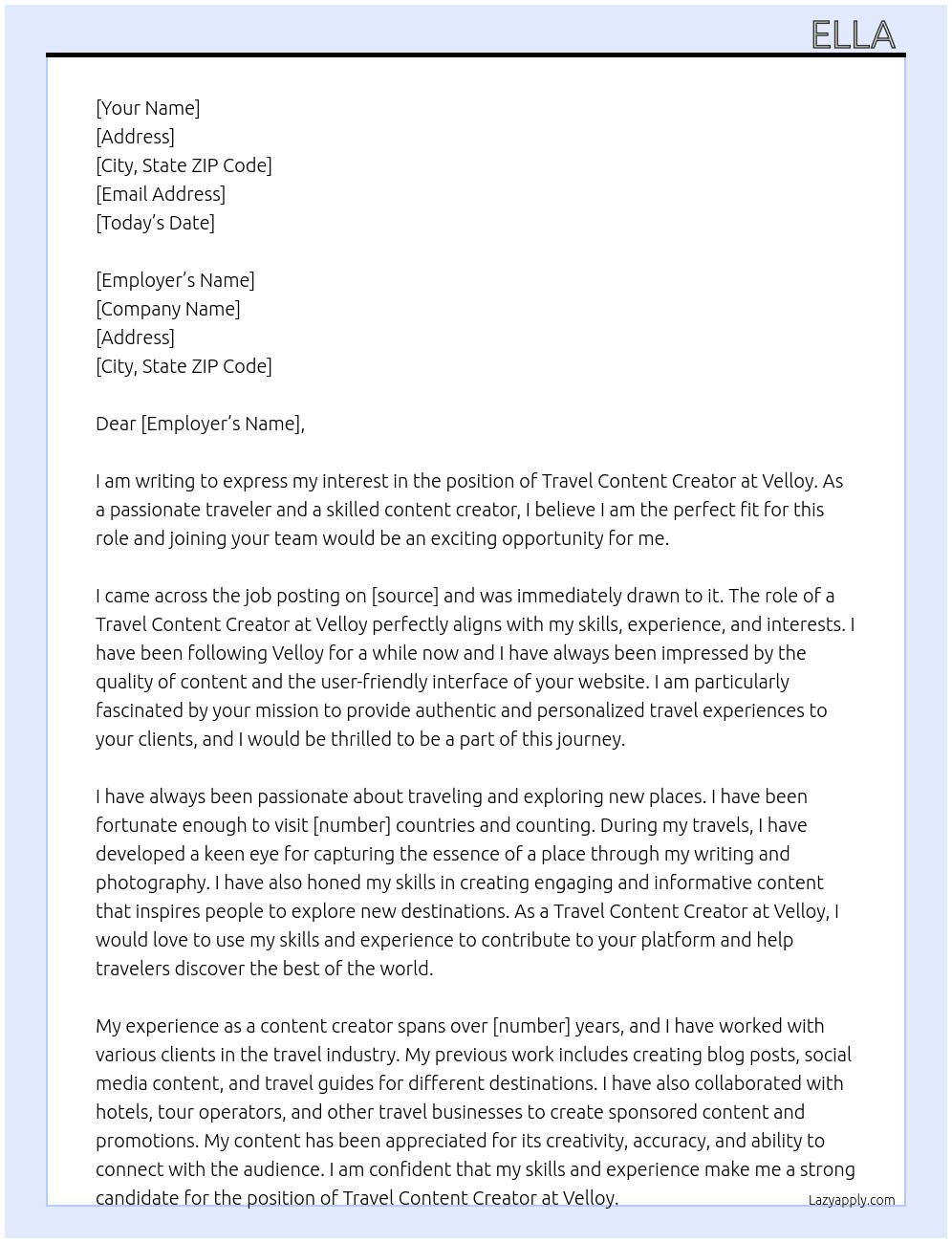 Travel Content Creator At Velloy Cover Letter