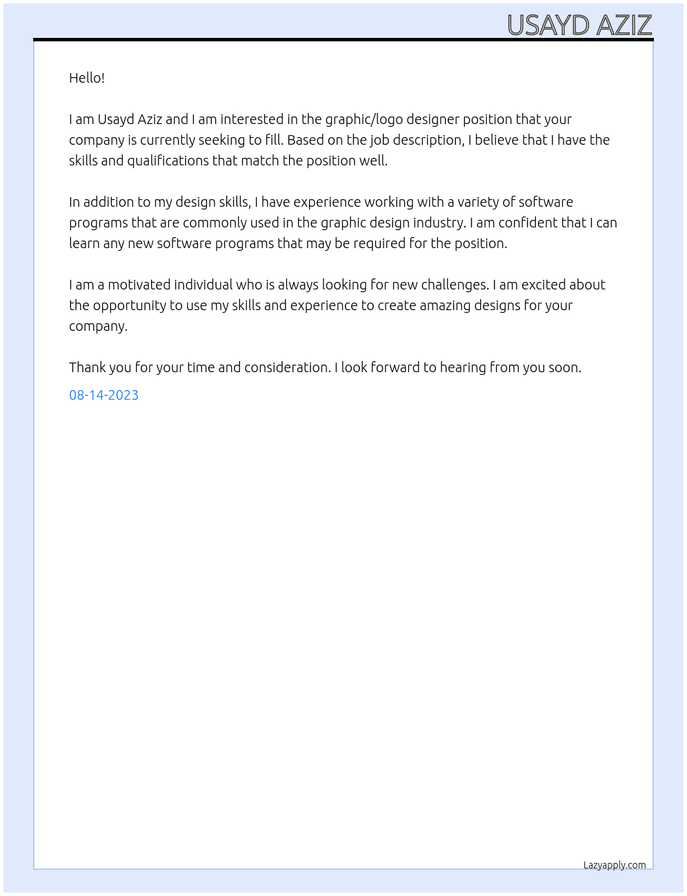 Graphic/Logo Designer Needed At Usayd Aziz Cover Letter