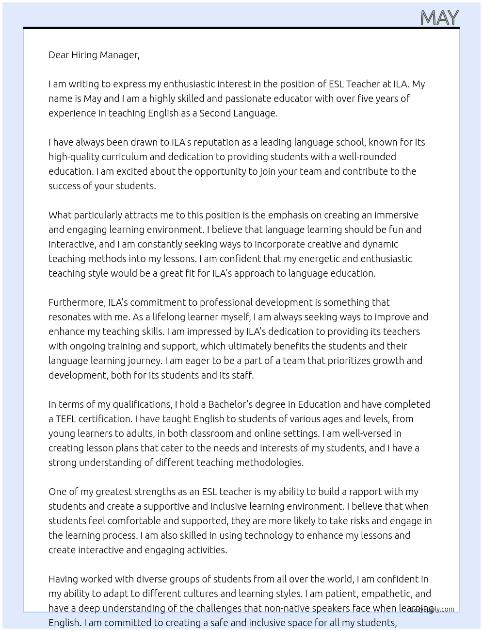 ESL teacher At ILA Cover Letter