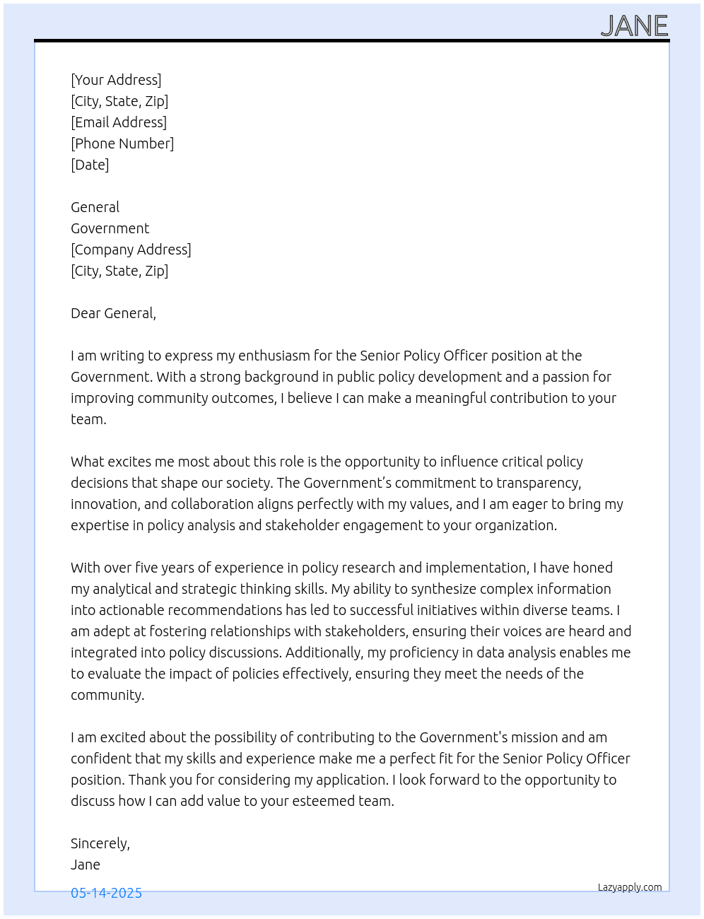 Senior Policy Officer At Government Cover Letter