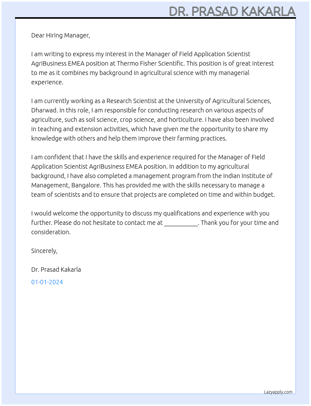Manager of Field Application Scientist AgriBusiness EMEA  At Thermo Fisher Scientific Cover Letter
