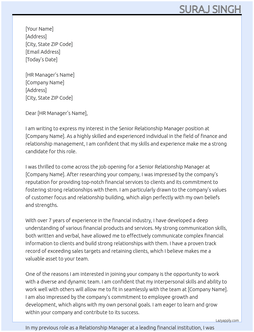 Senior Relationship manager At Your company Cover Letter