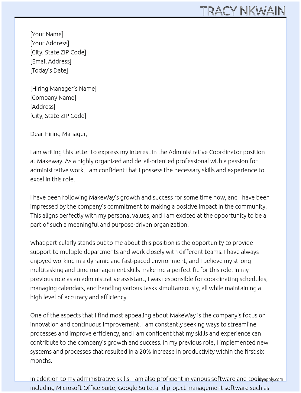 Administrative Coordinator At MakeWay Cover Letter