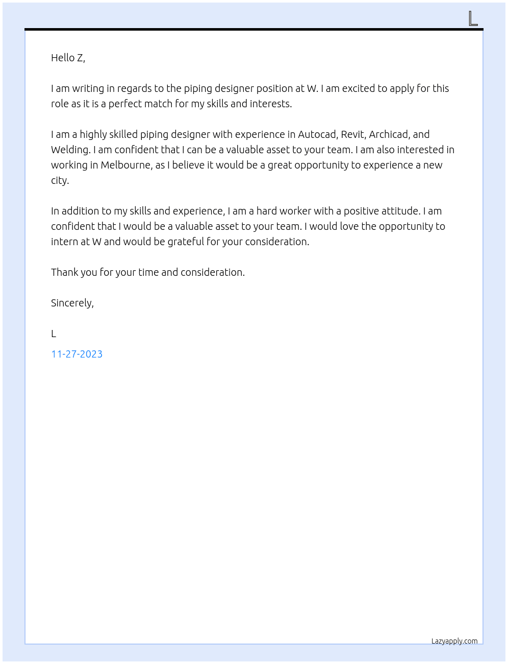 Piping designer At W Cover Letter