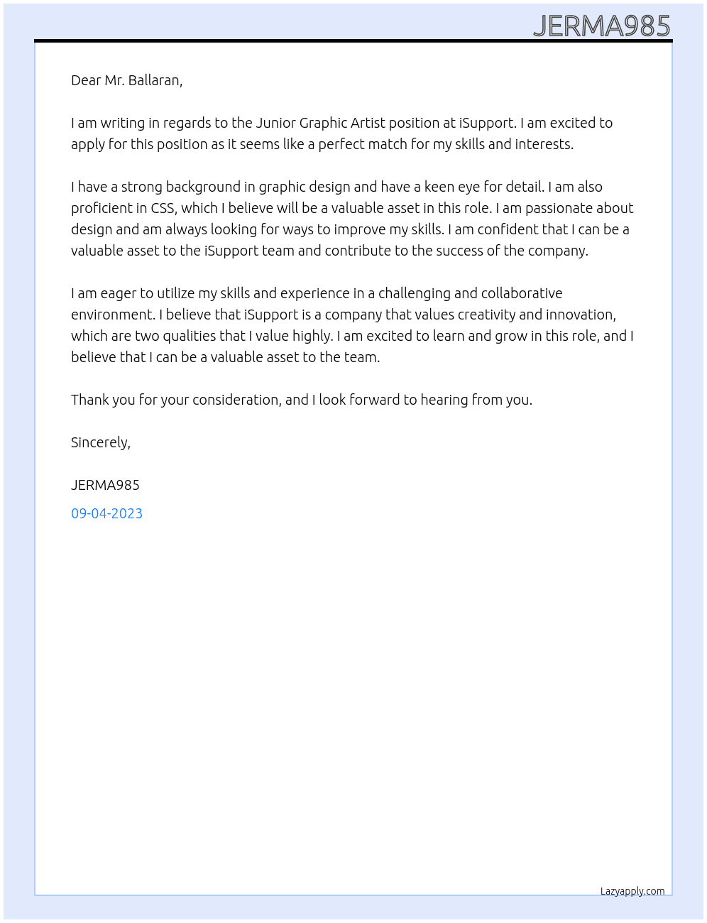Junior Graphic Artist At iSupport Cover Letter
