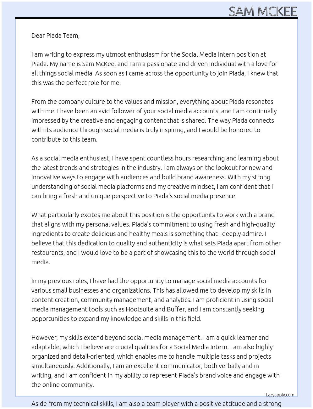 Social Media Intern At Piada Cover Letter