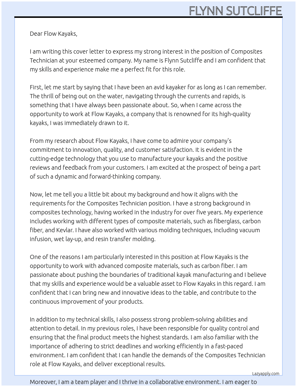 Composites Technician At Flow Kayaks Cover Letter