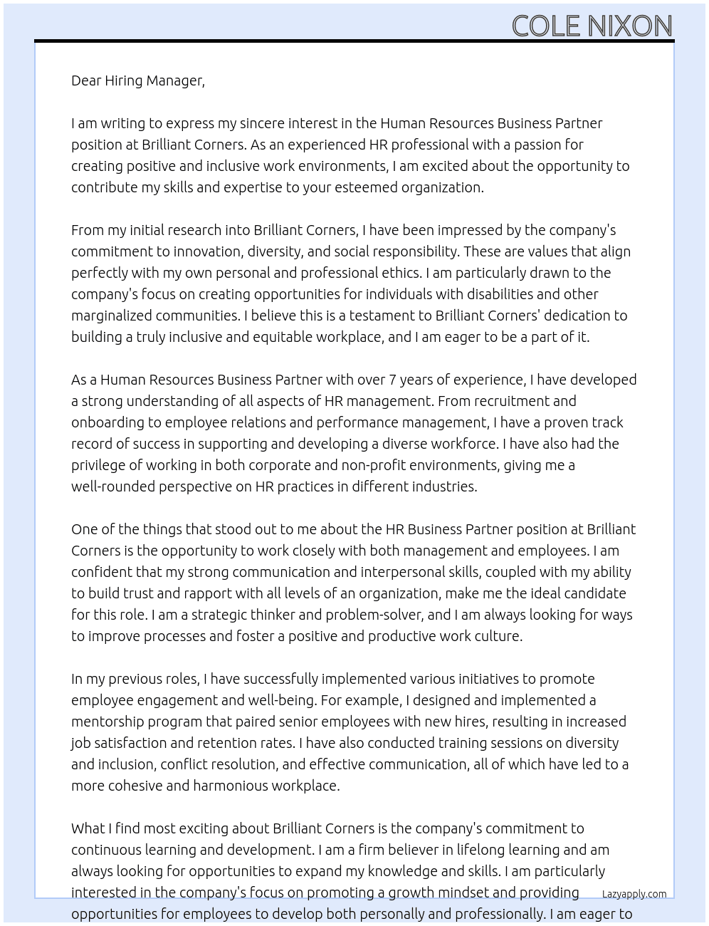 Human Resources Business Partner At Brilliant Corners Cover Letter