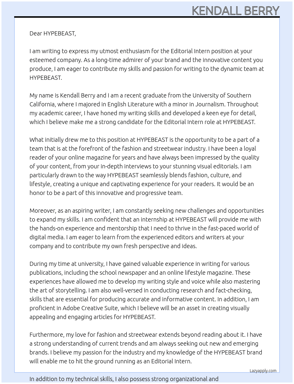 Editorial Intern At HYPEBEAST Cover Letter