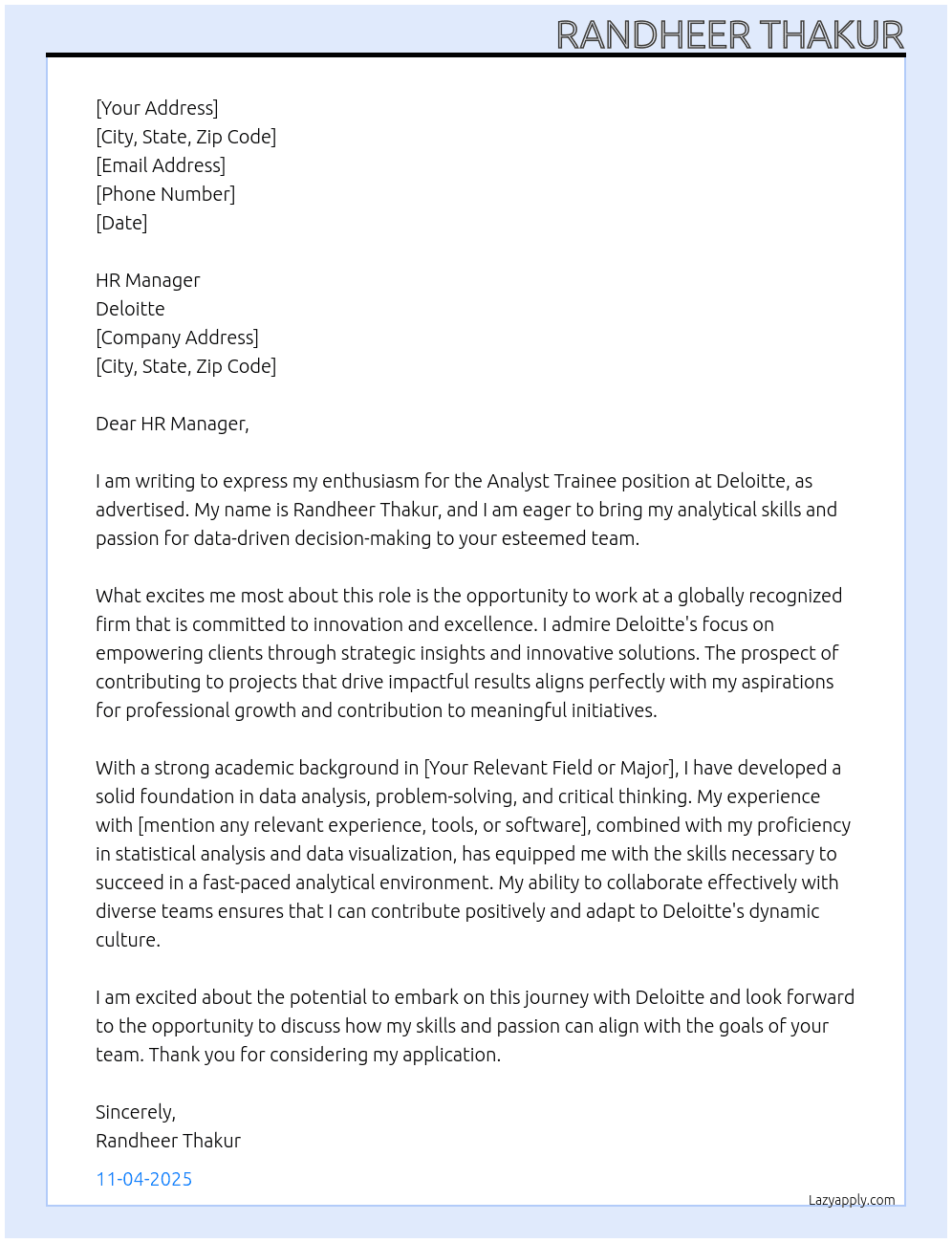 Analyst Trainee At deloitte Cover Letter