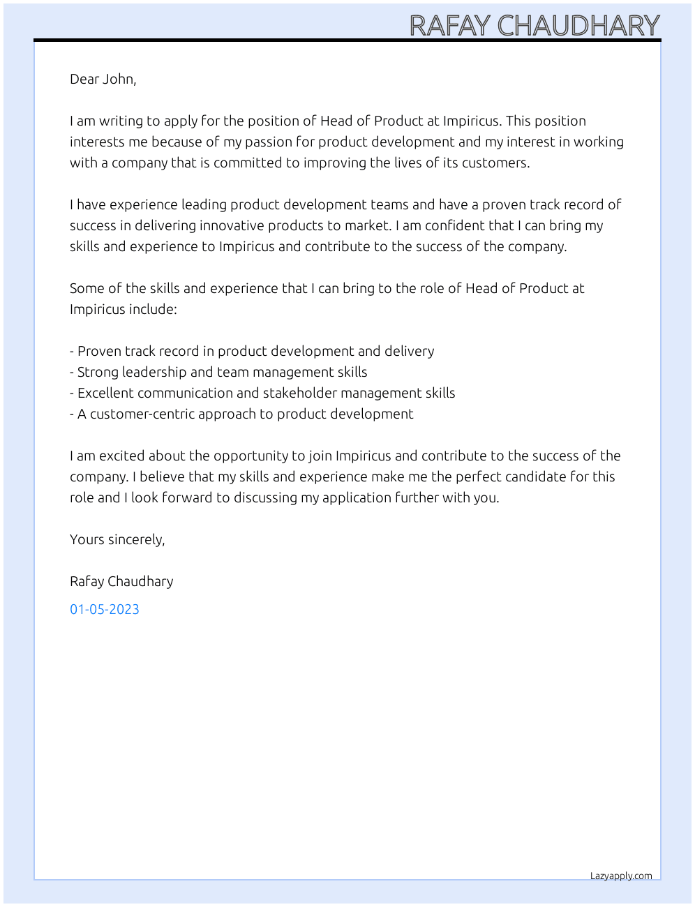 Head of Product At Impiricus Cover Letter