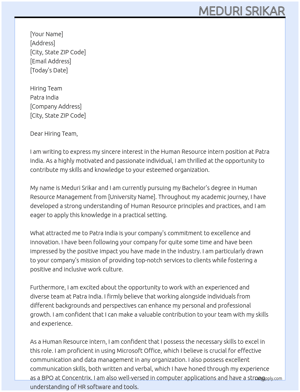 Human Resource intern  At Patra India Cover Letter