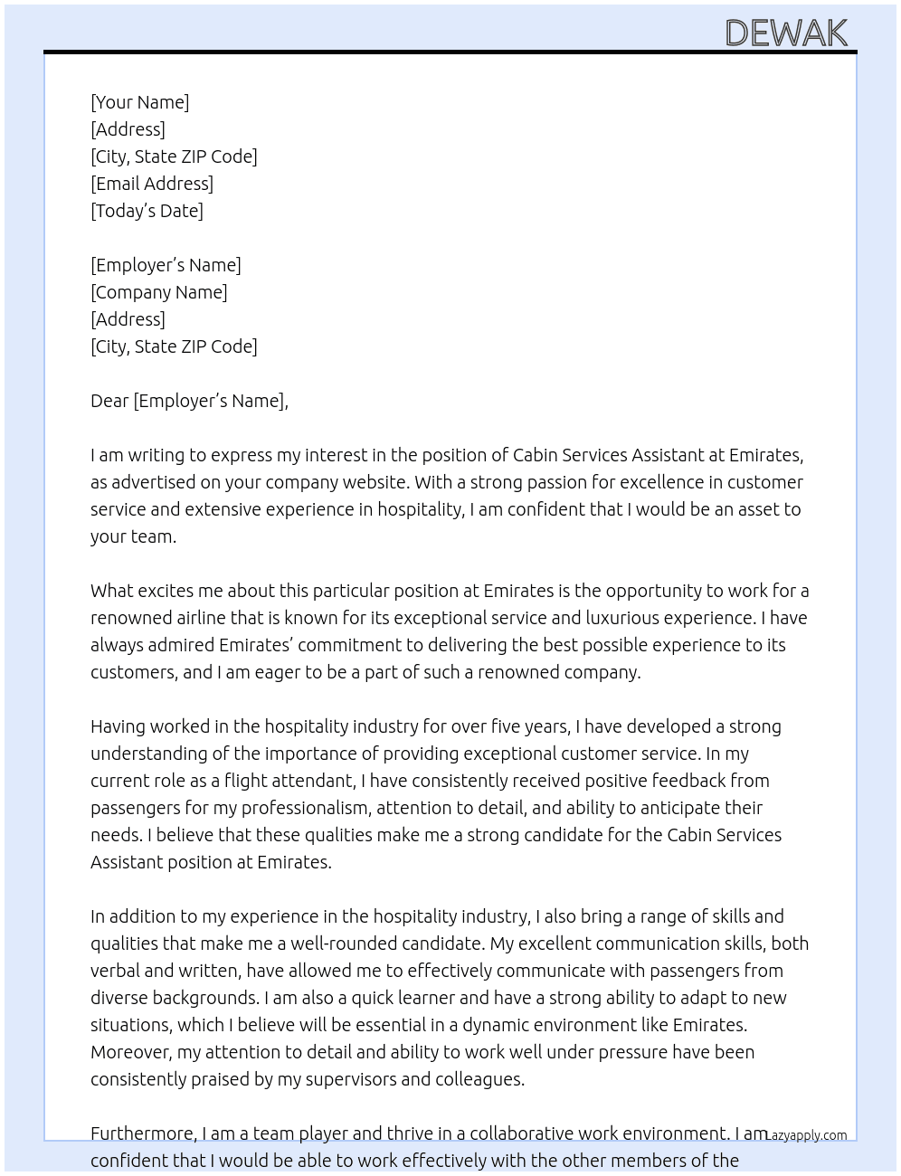 CABIN SERVICES ASSISTANT - At Emirates Cover Letter