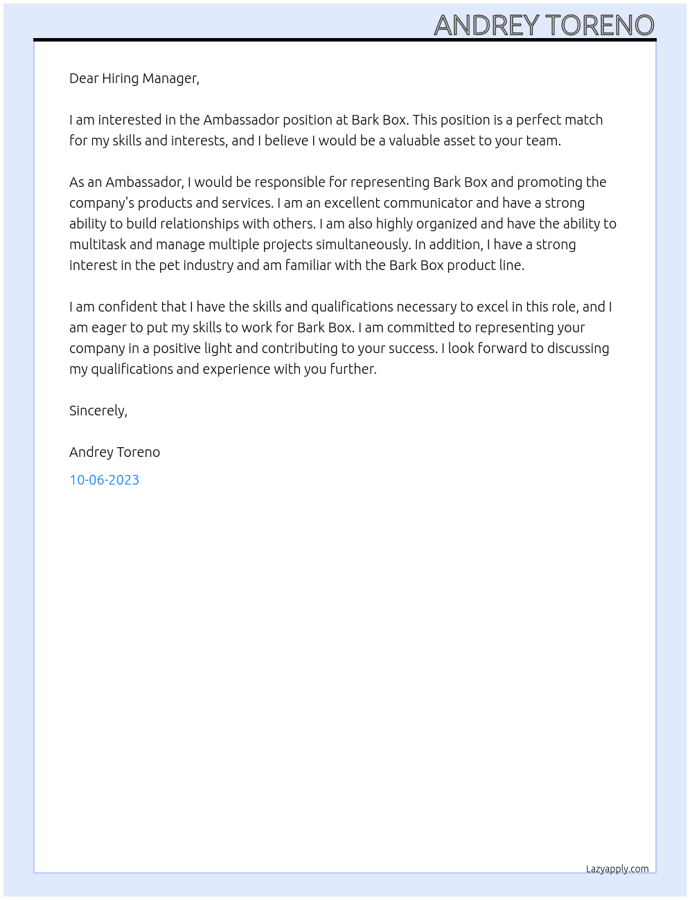 Ambassador At Bark Box Cover Letter