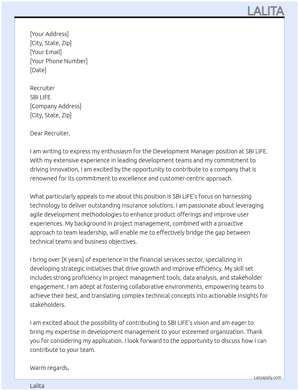 Development manager  At SBI LIFE Cover Letter