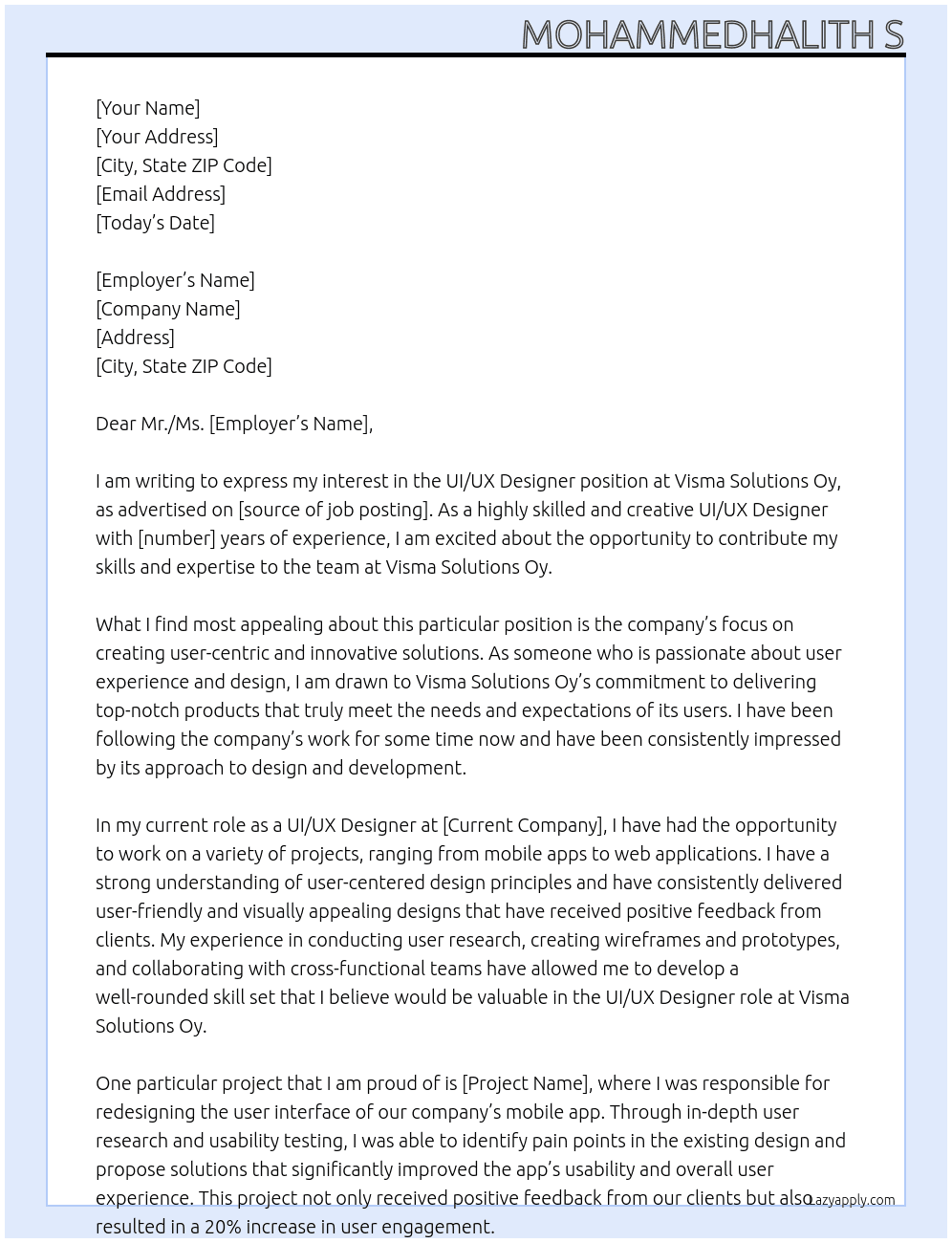 UI/UX Designer At Visma Solutions Oy Cover Letter