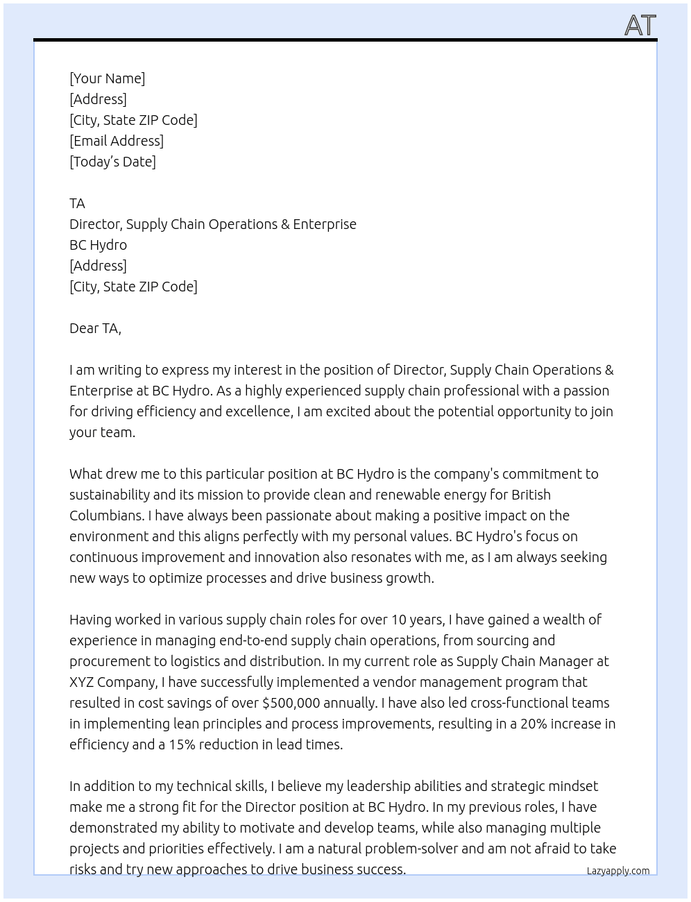 Director, Supply Chain Operations & Enterprise At BC HYdro Cover Letter