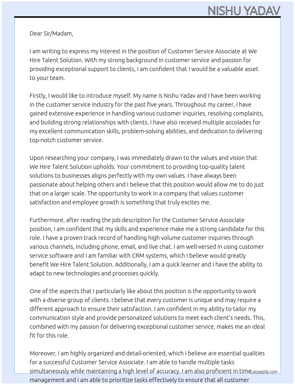customer service associate At We hire Talent solution Cover Letter
