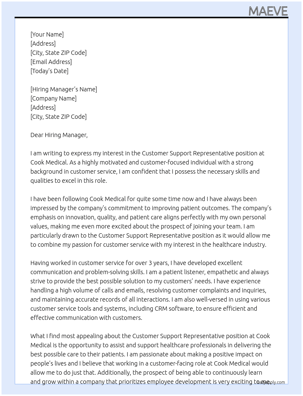 Customer Support Representative At Cook Medical Cover Letter