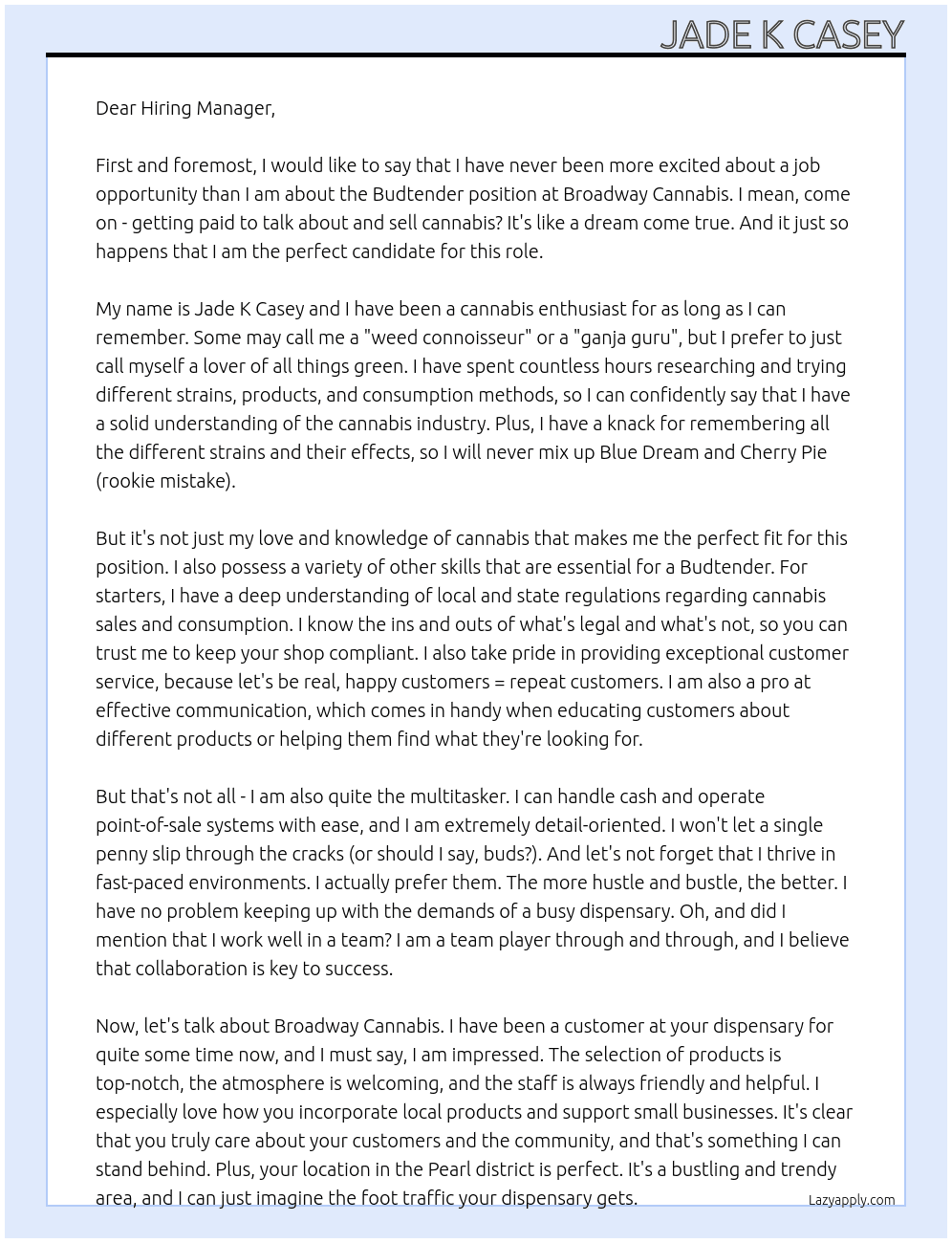 Budtender At Broadway Cannabis Cover Letter