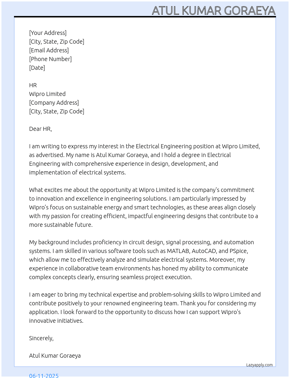 Electrical Engineering At Wipro Limited Cover Letter