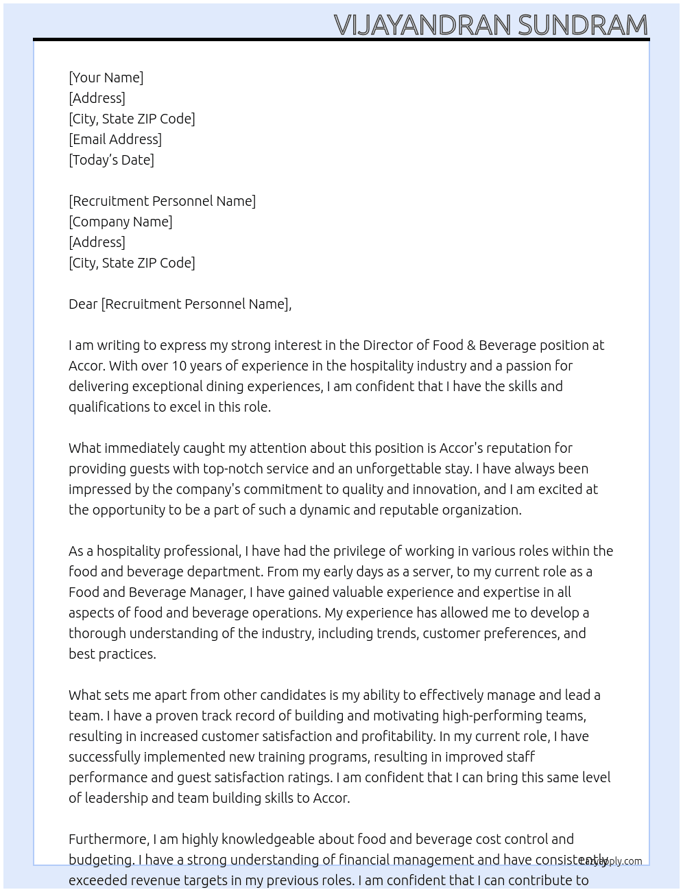 Director of Food & Beverage At Accor Cover Letter